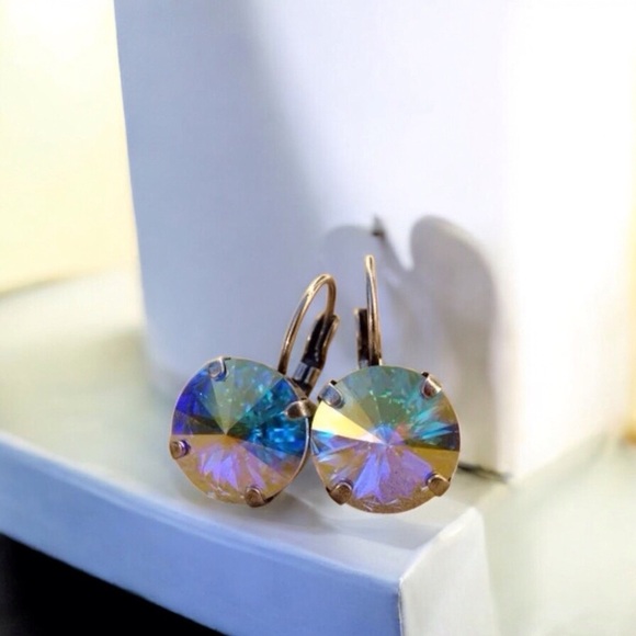 Swarovski 14mm Crystal AB Aurora Borealis Leverback Antique Silver Earrings - Picture 1 of 3